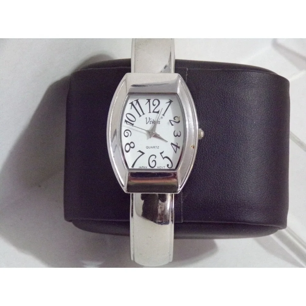 Vivani Women Silver Tone Rectangle Open Cuff Wrist Watch Lg Numbers 11081-45 Mod